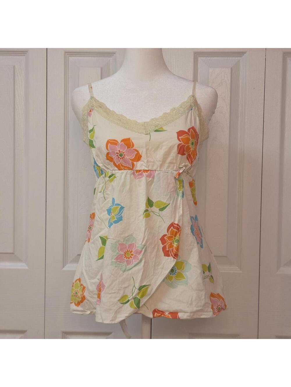 Vintage Y2K Floral Lace Trim Babydoll Cami S Retro Coconut Girl Tropical Summer